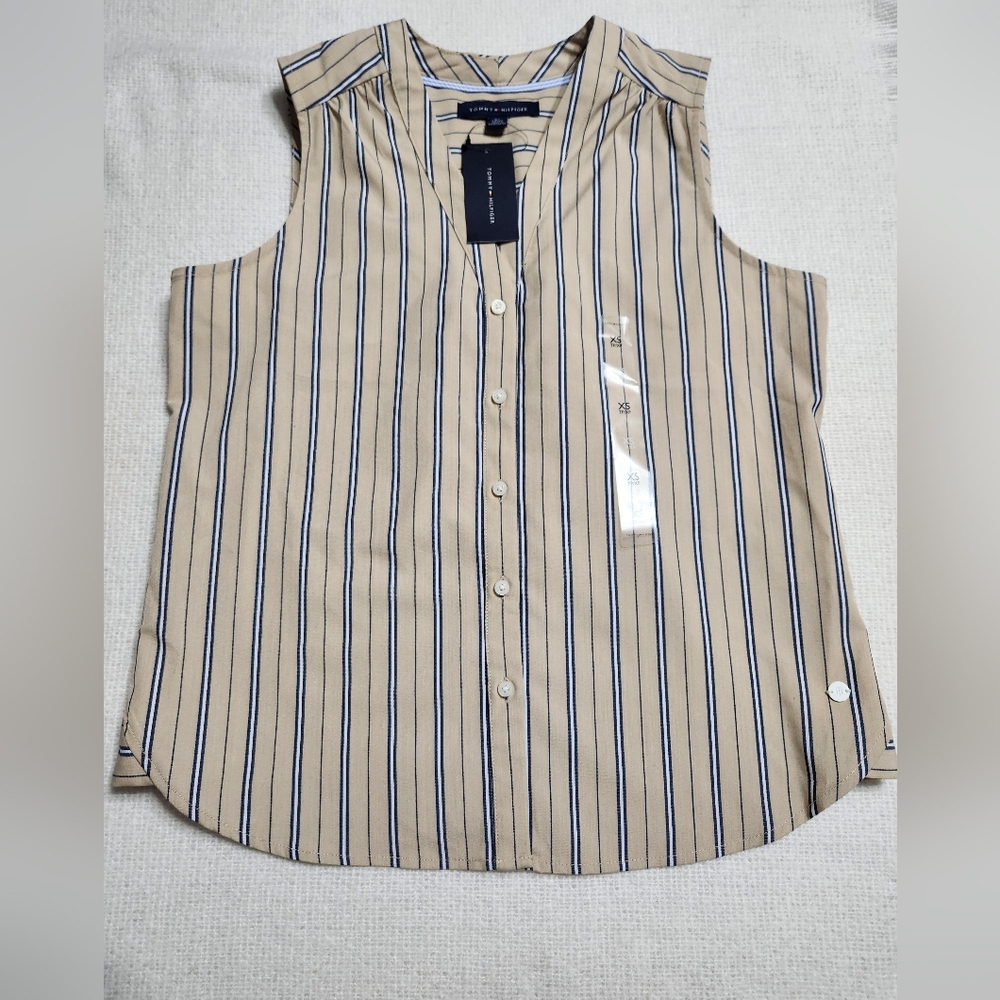 Tommy Hilfiger Tan and Blue Striped Sleeveless Shirt